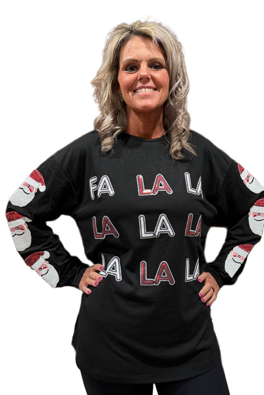 Christmas FA LA LA Sequined Santa Claus Long Sleeve Top