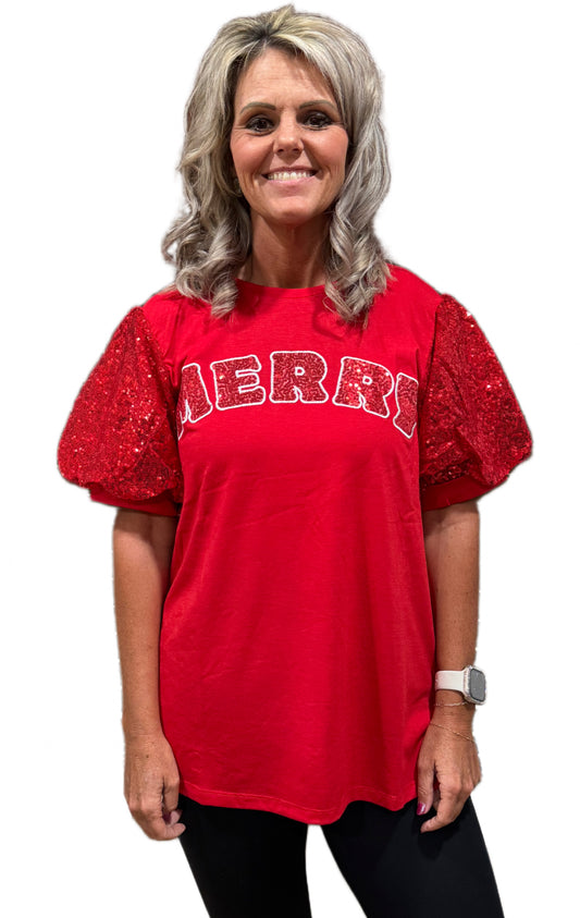 Christmas "MERRY" Sequin Puff Sleeve Top